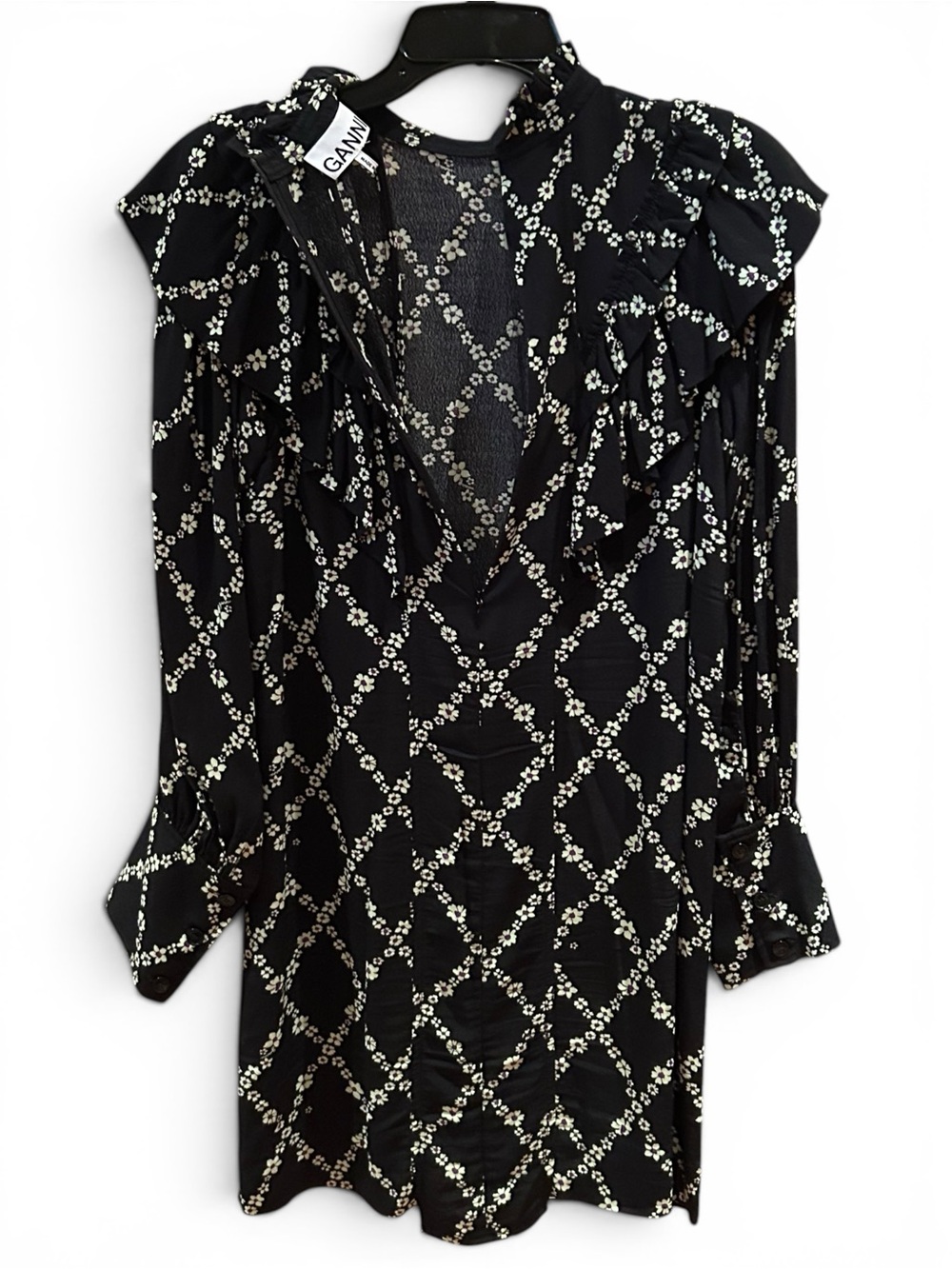 GANNI Black Floral Margarita Ruffle Mini Dress EU 38 / US 6Scandinavian Chic - Picture 6 of 8